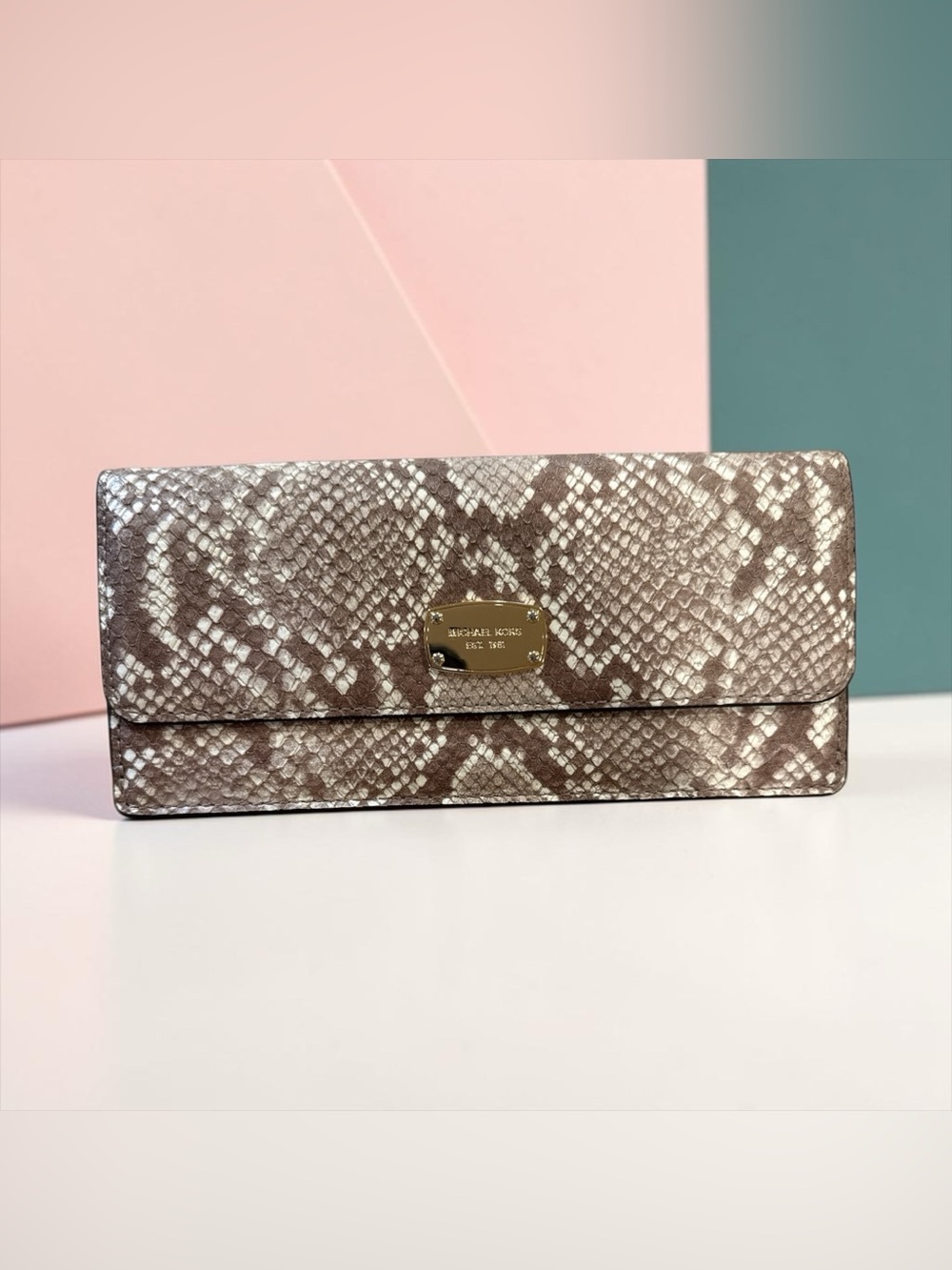 Michael Kors Taupe Snake-Print Envelope Clutch with Gold Plaque